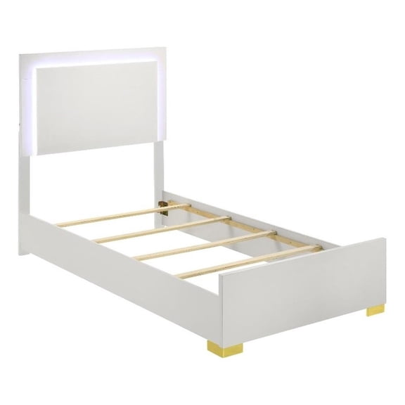 Pemberly Row Contemporary Wood Twin Bed with LED Lighting White and Gold