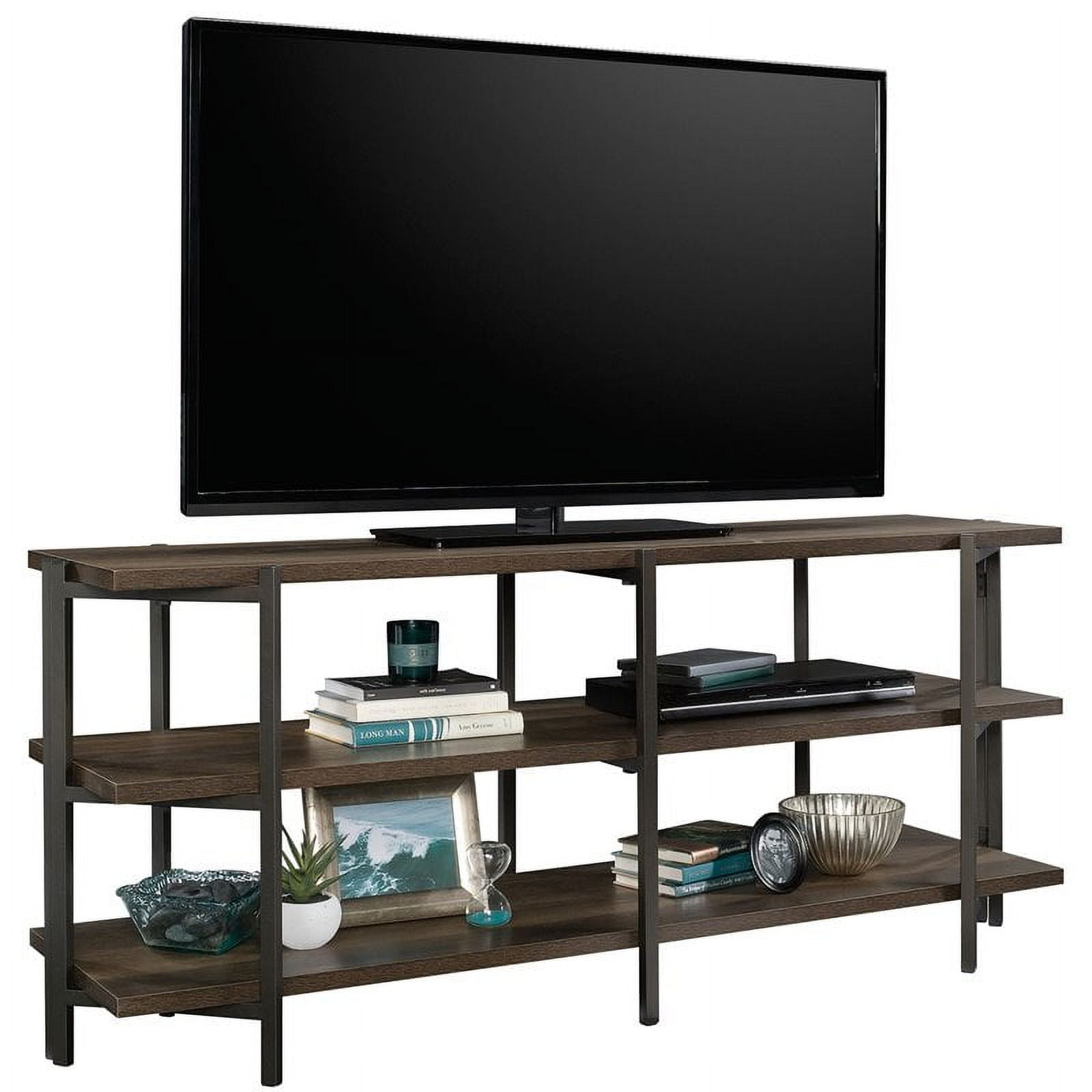 Pemberly Row Contemporary Wood and Metal 55" TV Stand in Smoked Oak