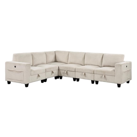 Pemberly Row Corduroy 6-Piece Modular Sectional USB Charging Storage in Beige