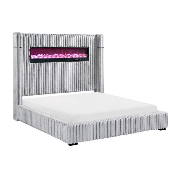 Pemberly Row Corduroy Queen Bed with Fireplace Headboard and Speaker in Gray