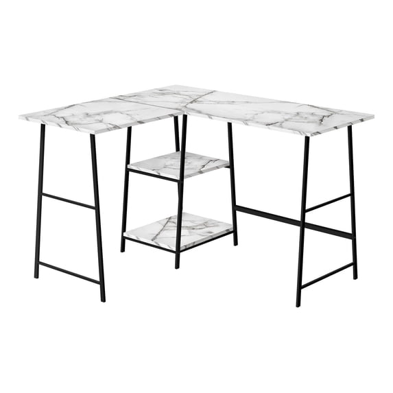 Pemberly Row Corner Computer Desk 48"L L-Shape Metal White Marble Look