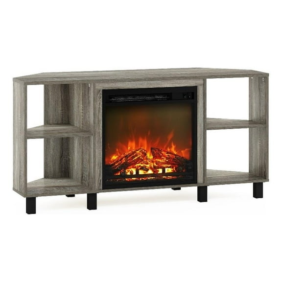 Pemberly Row Corner Fireplace TV Stand with 4 Open French Oak Gray