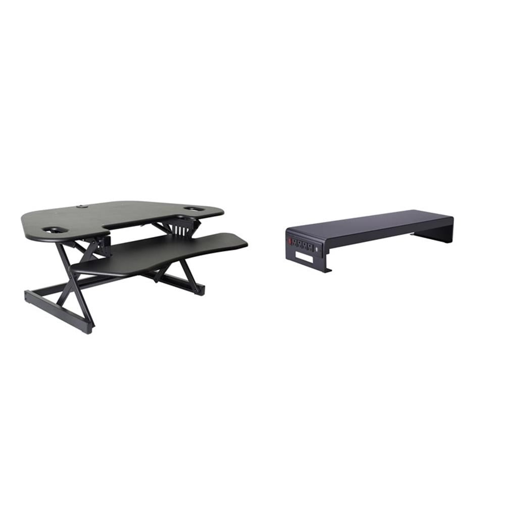 Pemberly Row Corner Standing Black Desk Converter ACUSB with Dual Monitor Stand
