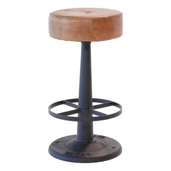 Pemberly Row Counter Stool in Brown Goat Leather with Footrest & Iron Pedestal