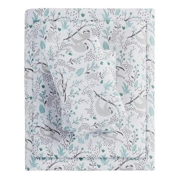 Pemberly Row Cozy Soft Cotton Flannel Printed Sheet Set in Gray Sloths Full