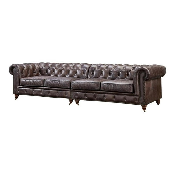 Pemberly Row Top Grain Leather Chesterfield 118" Leather Sofa in Brown Finish