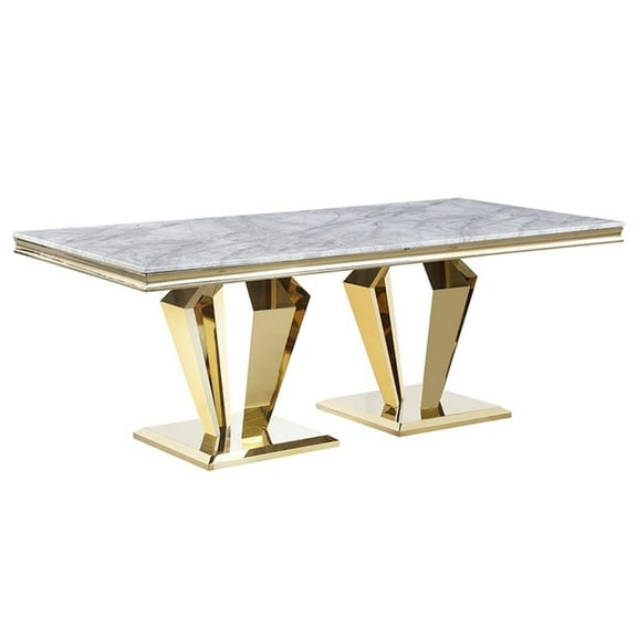 Pemberly Row Crownie Gold Faux Marble Pedestal Rectangle Dining Table (Seats 6)