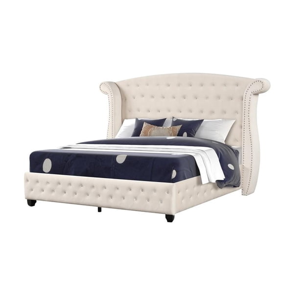 Pemberly Row Crystal Tufted Modern Queen Bed made with Wood in Cream