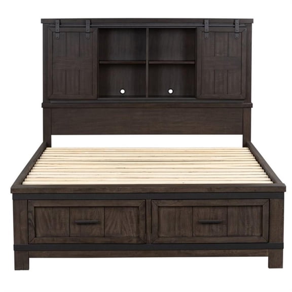 Pemberly Row Dark Gray Queen Bookcase Bed with Dovetail Construction
