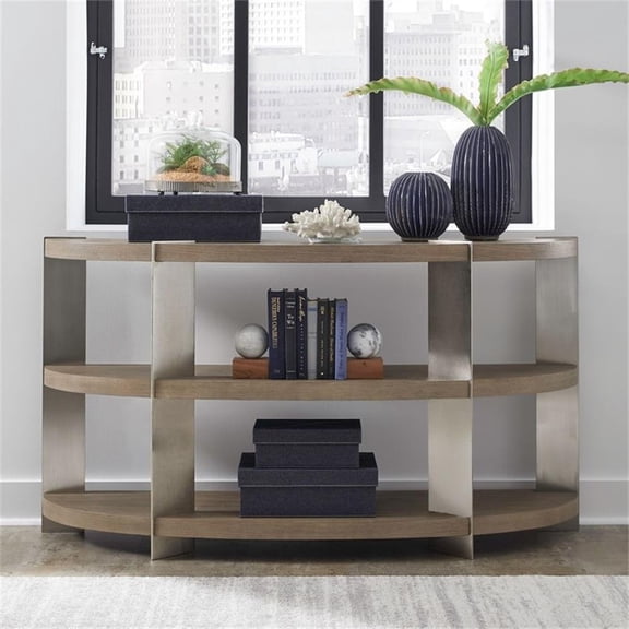 Pemberly Row Demilune Sofa Table with Metal Legs and Shelves in Sandstone