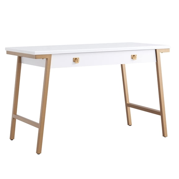 Pemberly Row Desk with Drop Front Keyboard Drawer in White/Gold
