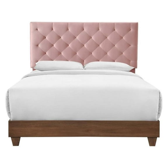 Pemberly Row Diamond Tufted Velvet Wood Queen Bed in Walnut/Dusty Rose