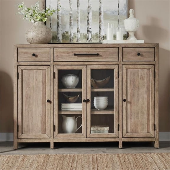 Pemberly Row Dining Buffet with Seeded Glass Doors and Silverware Tray in Brown
