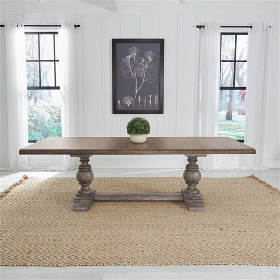 Pemberly Row Dining Room Trestle Table with Self Storing Leaf in Brown