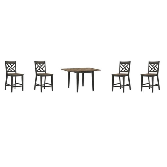 Pemberly Row Dining Set with 4 Lattice Back Stools and Drop Leaf Table in Brown/Pecan Finish