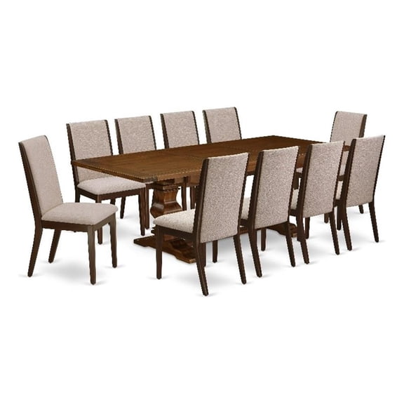 Pemberly Row Dining Table Set with 10 Chairs in Light Tan Fabric Upholstery