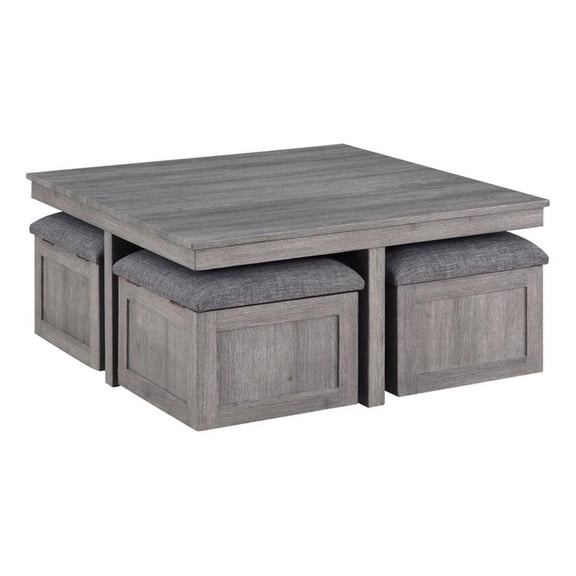 Pemberly Row Distressed Gray Wood Coffee Table with Storage Stools