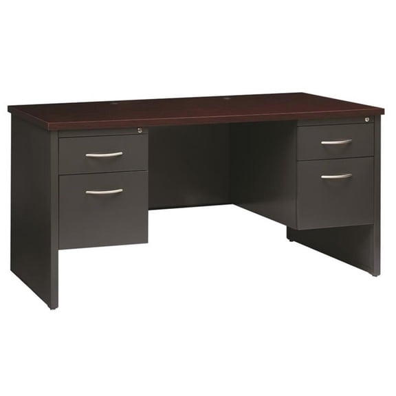 Pemberly Row Double Pedestal Metal Desk Arch Pull Handles Charcoal/Mahogany
