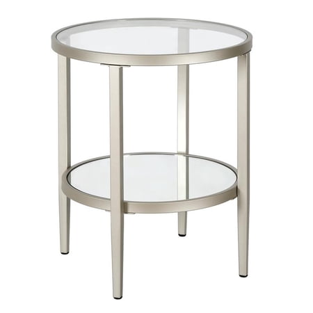Pemberly Row Double Shelf Metal Round Side Table in Nickel and Gray Finish