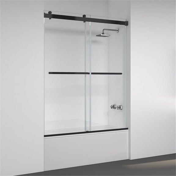 Pemberly Row Double Sliding Frameless Glass Tub Door in Matte Black