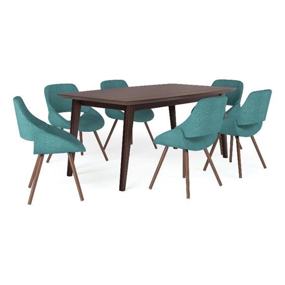 Pemberly Row Draper 7-Piece Dining Set in Turquoise Blue Fabric & Walnut Veneer