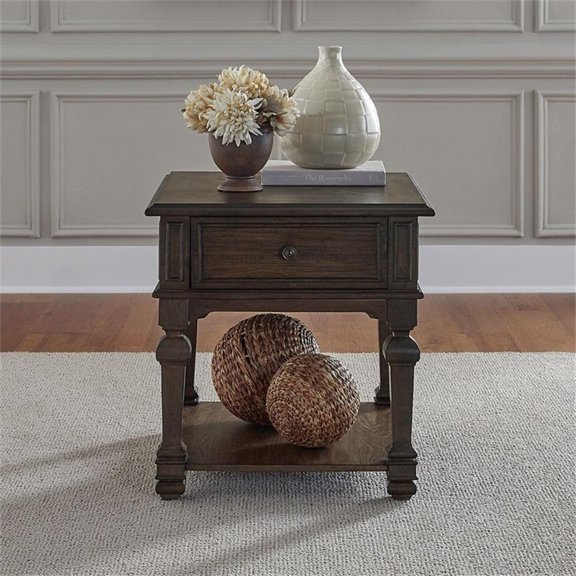 Pemberly Row Drawer End Table with Veneer Top and Shelf in Chateau Brown Hickory