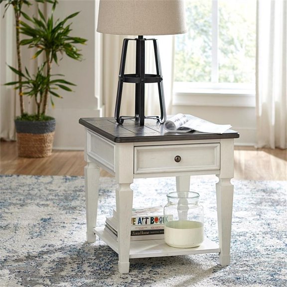 Pemberly Row Drawer End Table with Antique Pewter Knobs in White Finish