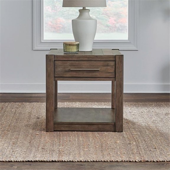 Pemberly Row Drawer End Table with Shelf in Pine Rustic Cobblestone Brown