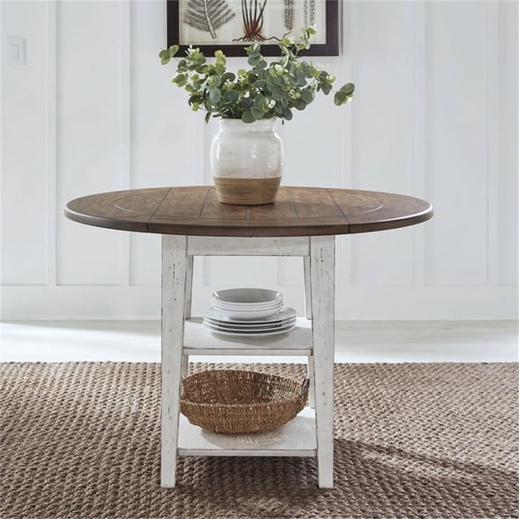Pemberly Row Drop Leaf Table with Bottom Shelf in Graphite and Whitestone