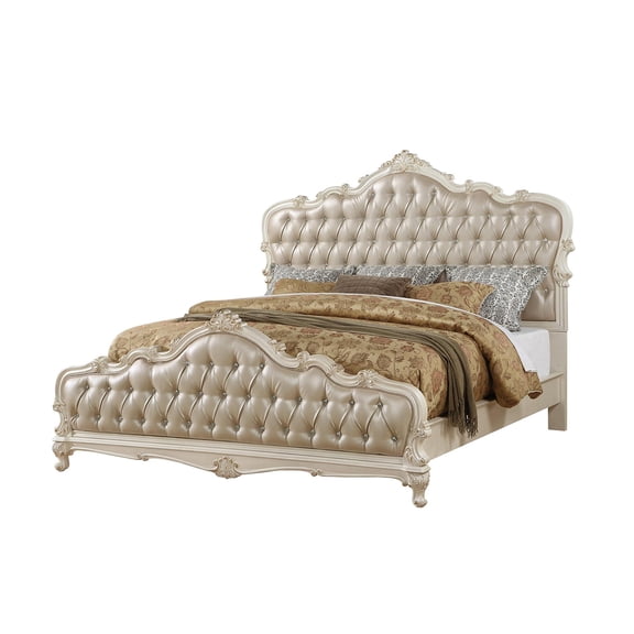 Pemberly Row Eastern King Tufted Faux Leather Bed in Rose Gold and Pearl White