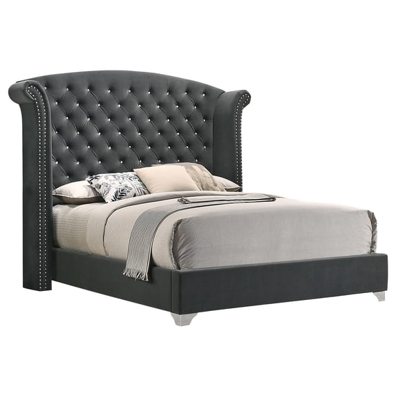 Pemberly Row Eastern King Wingback Velvet Upholstered Bed in Gray