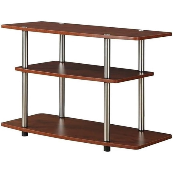 Pemberly Row Easy Assembly No Tools Required 32" TV Stand Entertainment Console with 3 Tier Storage Shelves in Cherry and Stainless Steel Clad Finish