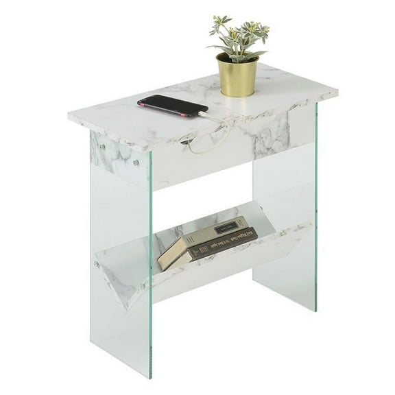 Pemberly Row Electric Flip Top End Table - White Faux Marble Wood w/ Clear Glass