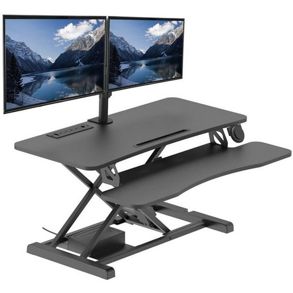Pemberly Row Electric Standing Desk Converter w/ Dual Monitor Mount Arm Black
