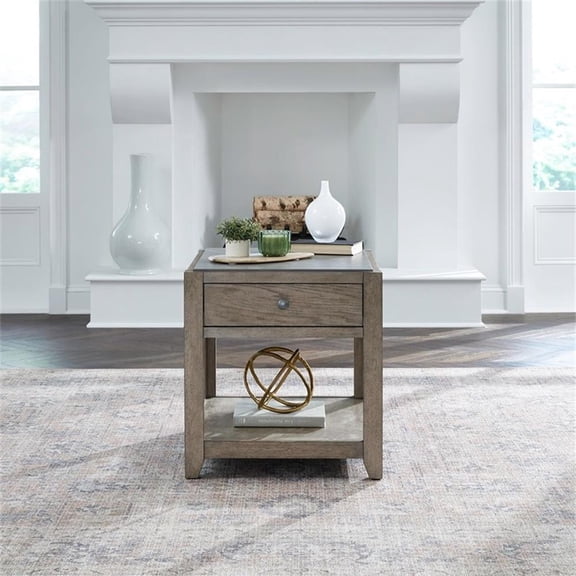 Pemberly Row End Table with Tile Insert Top and Storage Drawer in Brown