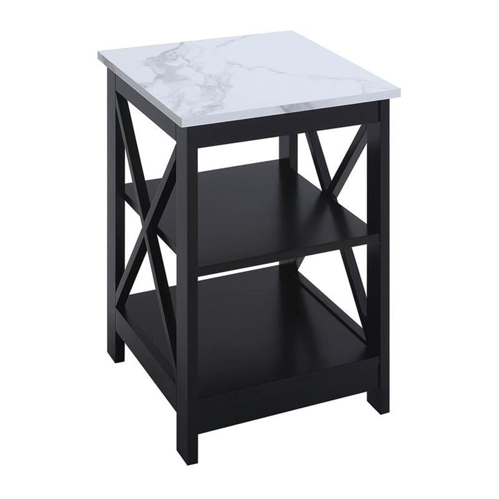 Pemberly Row End Table with Shelves in White Faux Marble and Black Wood ...
