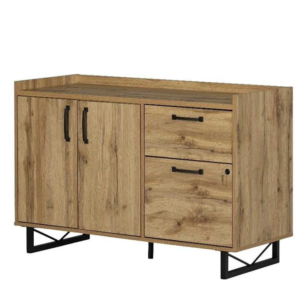 Nordik Oak 31" 2-Door Credenza with Drawers and Metal Frame
