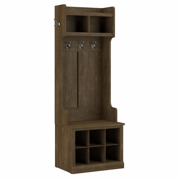 Pemberly Row Engineered Wood 24W Hall Tree & Shoe Bench with Shelves - Ash Brown
