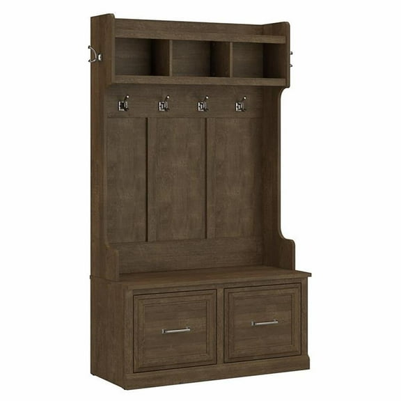 Pemberly Row Engineered Wood 40W Hall Tree and Shoe Bench with Doors - Ash Brown