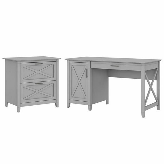 Pemberly Row Engineered Wood 54W Computer Desk w/ File Cabinet in Cape Cod Gray