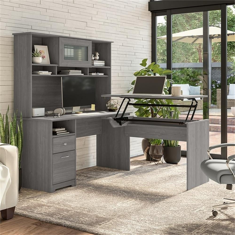Pemberly Row Engineered Wood 60W Sit to Stand L Shaped Desk with Hutch ...