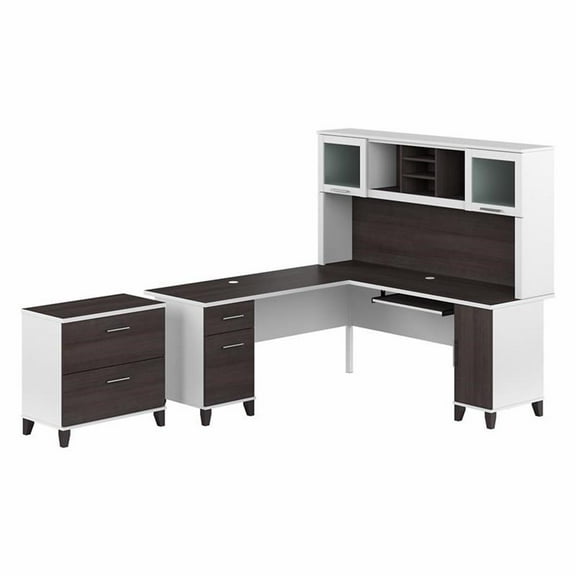 Pemberly Row Engineered Wood 72W L Desk with Hutch & File Cabinet in White/Gray