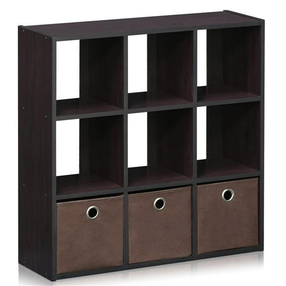 Pemberly Row Engineered Wood 9-Cube Organizer with Bins in Dark Walnut