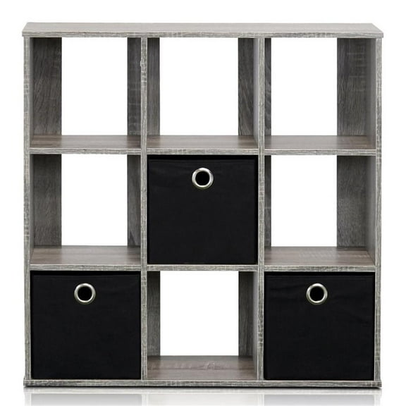 Pemberly Row Engineered Wood 9-Cube Organizer with Bins in Gray/Black