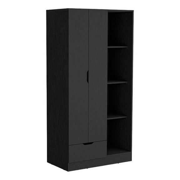 Pemberly Row Engineered Wood Armoire with 4-Tier Open Shelves in Black