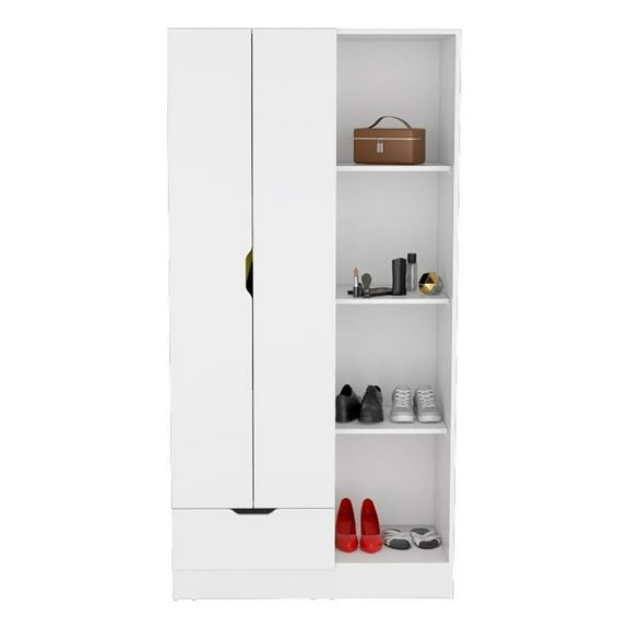 Pemberly Row Engineered Wood Armoire with 4-Tier Open Shelves in White