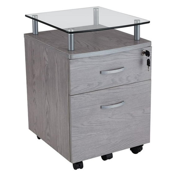 Pemberly Row Engineered Wood Frame Rolling File Cabinet with Glass Top-Gray
