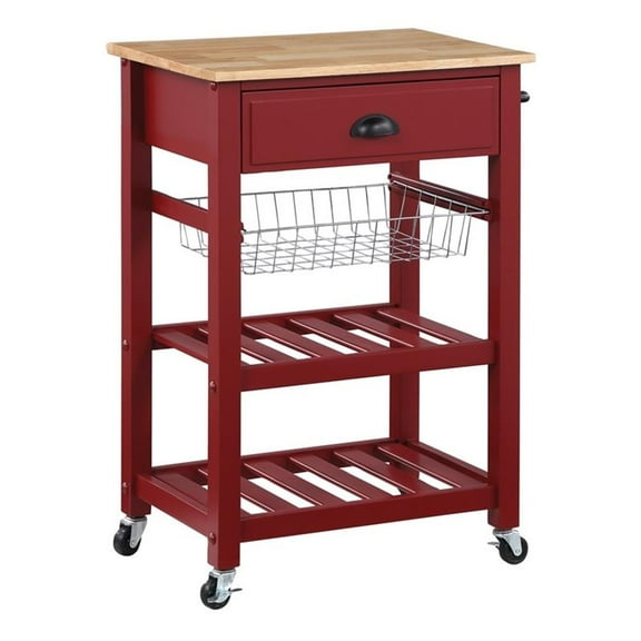 Pemberly Row Engineered Wood Kitchen Cart With Wood Top and Red Base