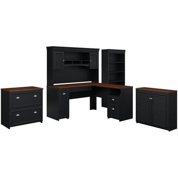 Pemberly Row Engineered Wood L Desk 5 Pc Office Set w/ Storage in Antique Black