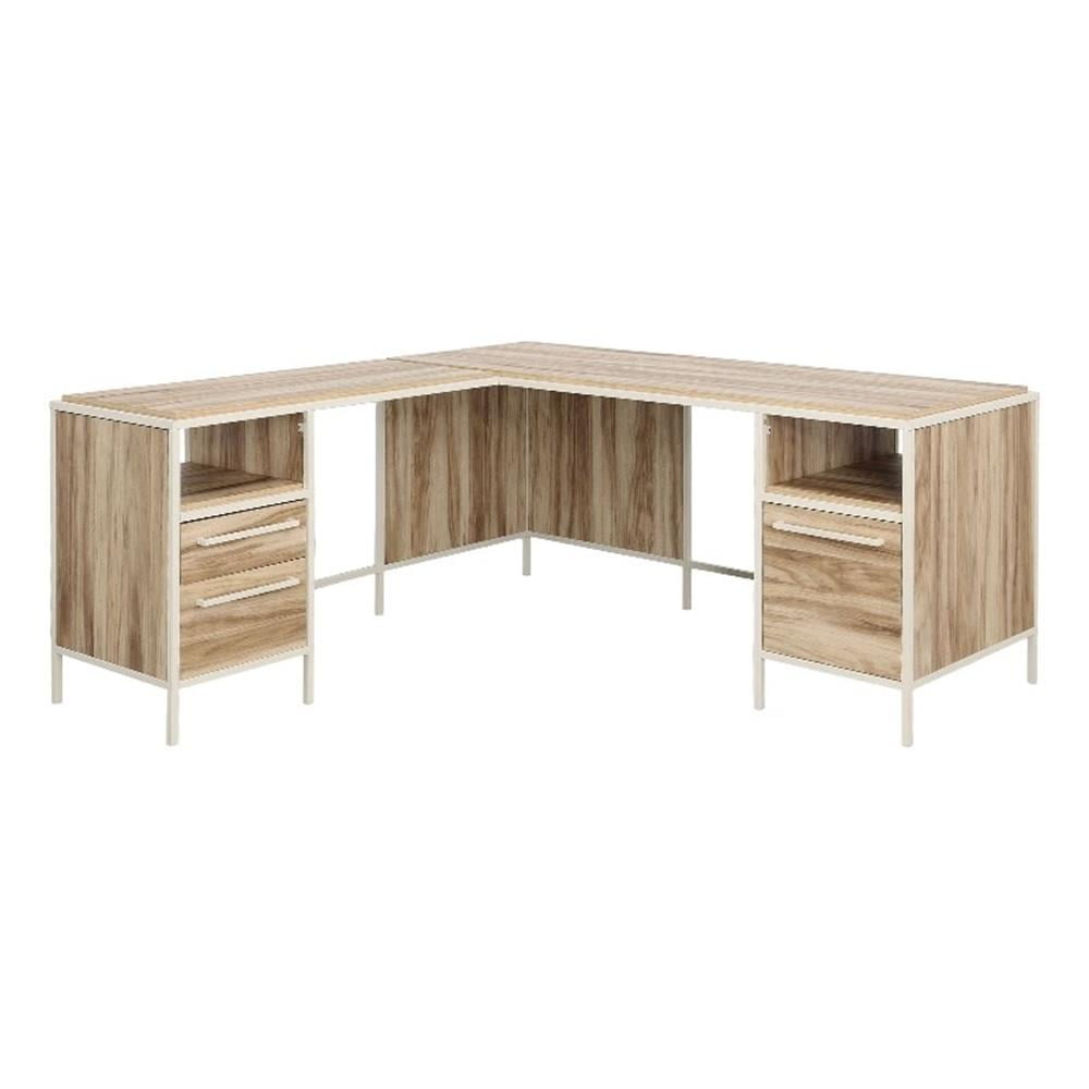 White and Wood L-Shaped Corner Desk with Drawers and Filing Cabinet